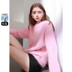 Crewneck plush knit alpaca sweater Loose warm sweater