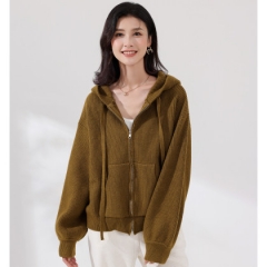 Hooded drawstring zipper knit cardigan women 2023 spring and autumn clothing new temperament slim sweater coat top