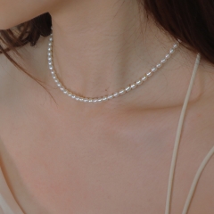 Strong light highlight natural freshwater pearl 4-5mm rice pearl clavicle sterling silver simple necklace