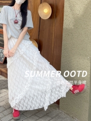 复古拼接斜纹蕾丝半身裙女夏季白色松紧腰显瘦网纱a字长裙蛋糕裙