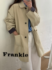 THINK十三行韩系撞色中长款风衣女简约春季宽松百搭翻领外套上衣